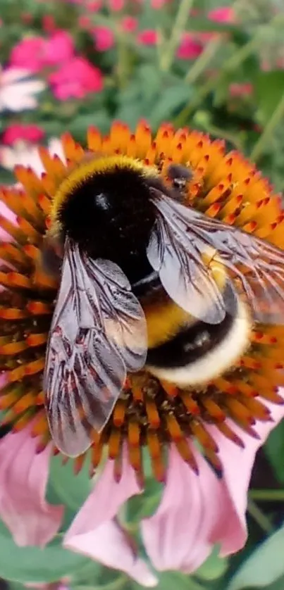 Bee perched atop a vibrant flower in a garden scene.