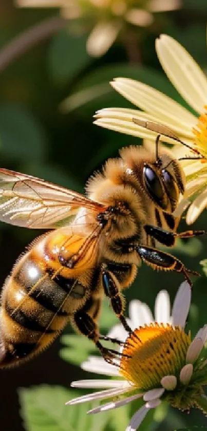 Close-up of a bee collecting nectar from a vibrant flower against a green background.