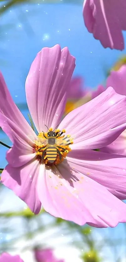 Bee resting on a vibrant pink flower amid a clear blue sky.