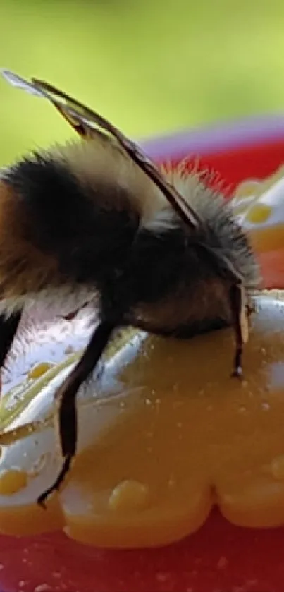 A close-up of a bee on a vibrant flower.