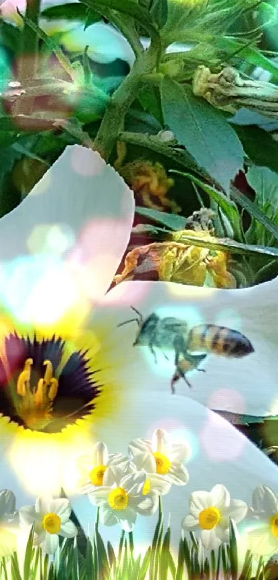 Bee hovering over a vibrant white flower in lush green background.