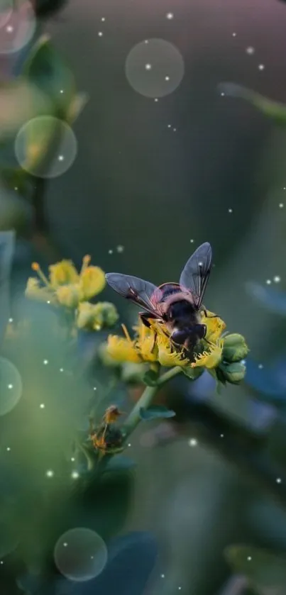 Bee on yellow flower with bokeh effect in green background.