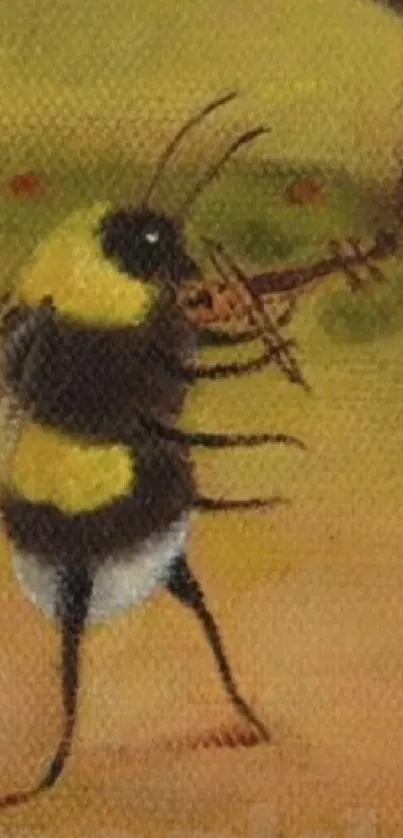 Bee playing violin in whimsical art illustration.