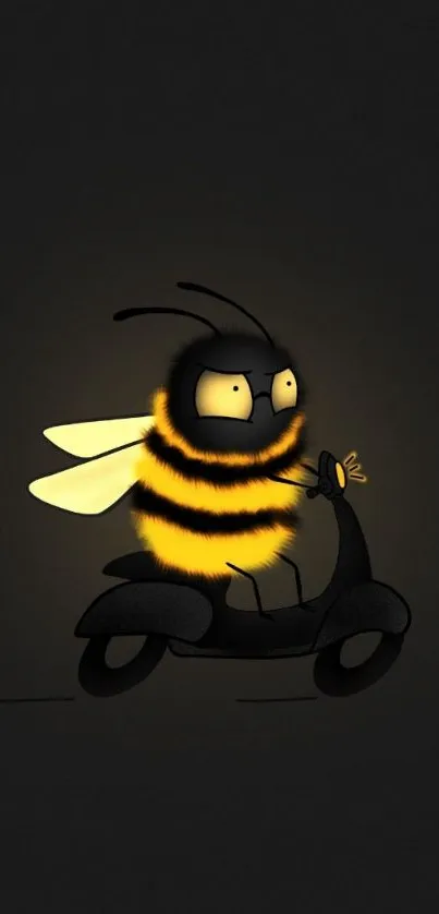 Cartoon bee on a scooter with vivid yellow stripes on a dark background.