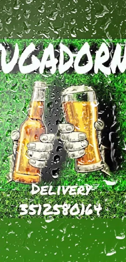 Green wallpaper with hands holding beer bottles, ideal for festive decor.