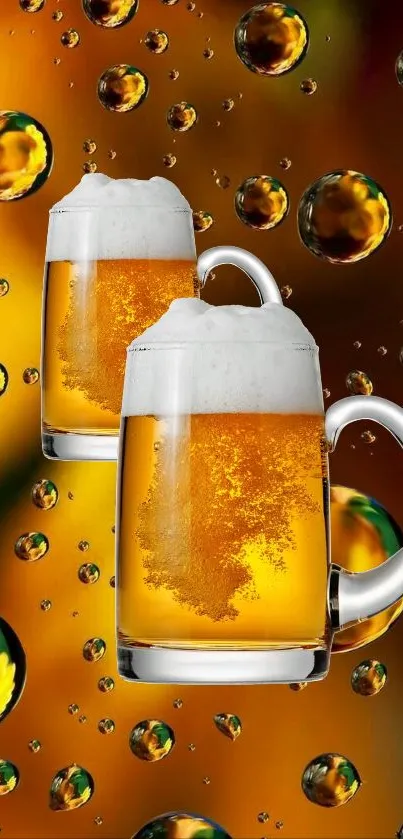 Two frothy beer mugs with bubbles on a golden background.