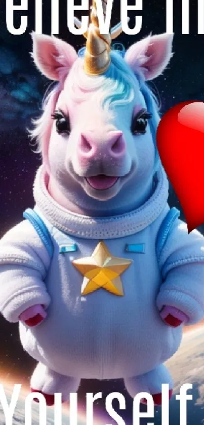 Cute unicorn in spacesuit with heart on a starry background wallpaper.