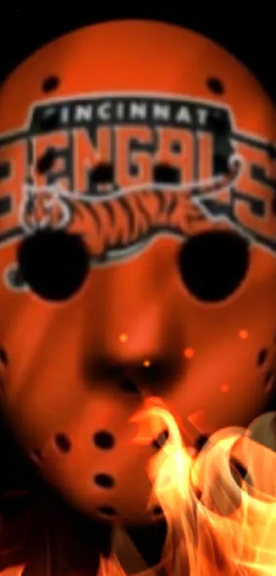 Orange Bengals mask with flames design.