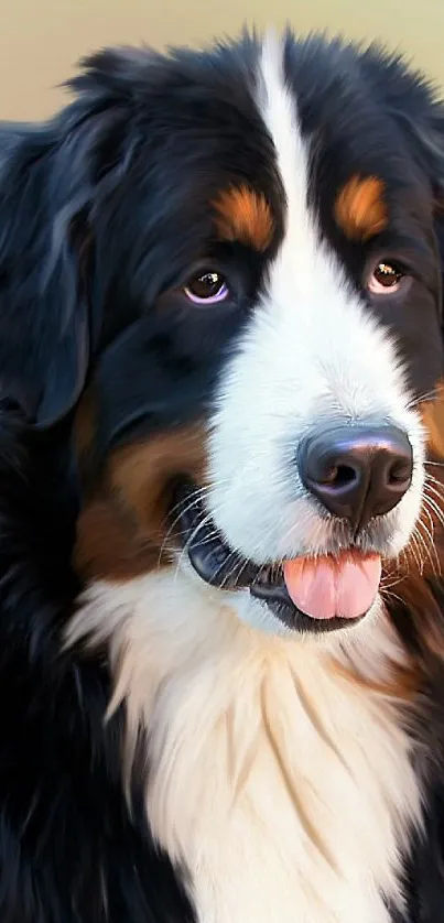 Lifelike Bernese Mountain Dog portrait with a blurred green background.