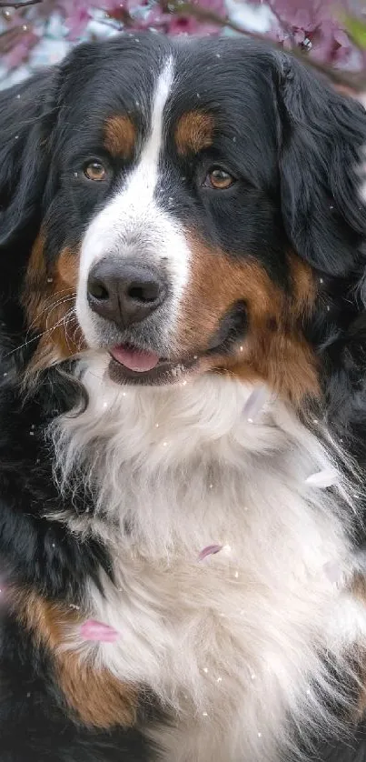 Bernese Mountain Dog surrounded by pink blossoms.