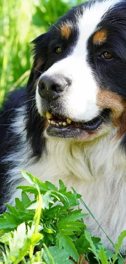 Bernese Mountain Dog in green foliage setting, showcasing nature's beauty.