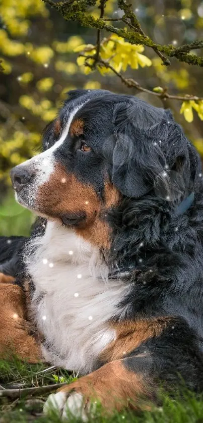 Bernese Mountain Dog lounging in a meadow with yellow flowers in spring.