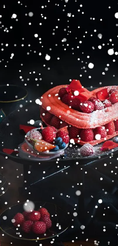 Heart-shaped cake with berries on black background.