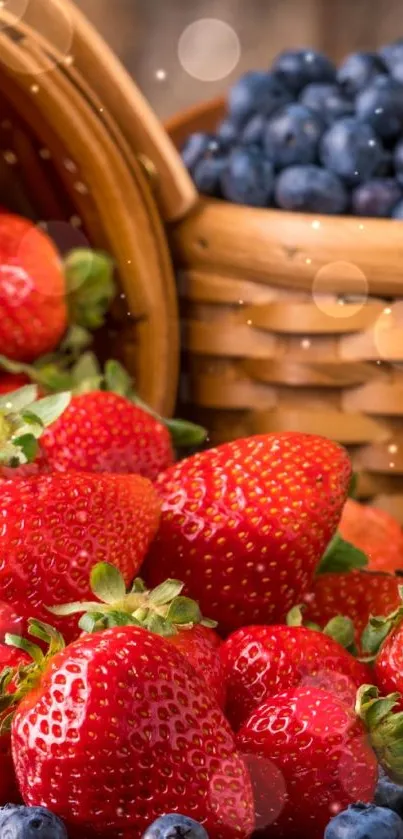 Mobile wallpaper with strawberries and blueberry basket.