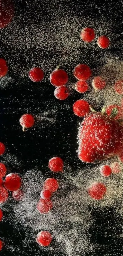 Vibrant red berries with sugar dust on dark background.