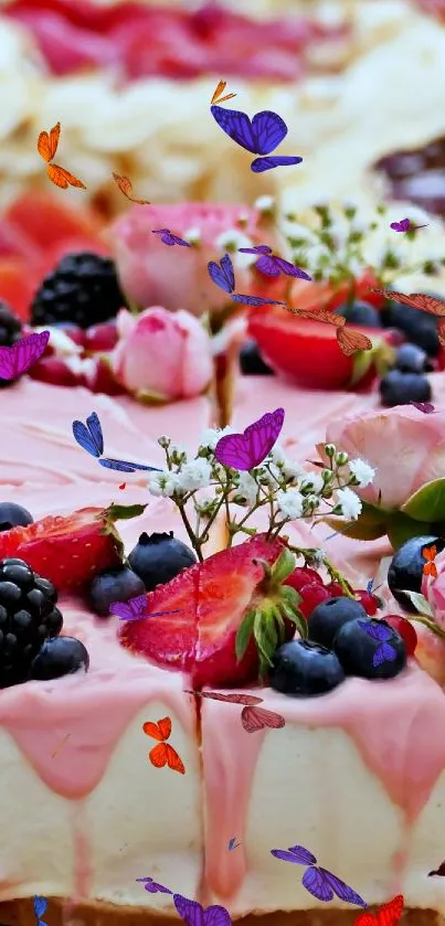 Pink cake with berries and flowers on a wooden board.