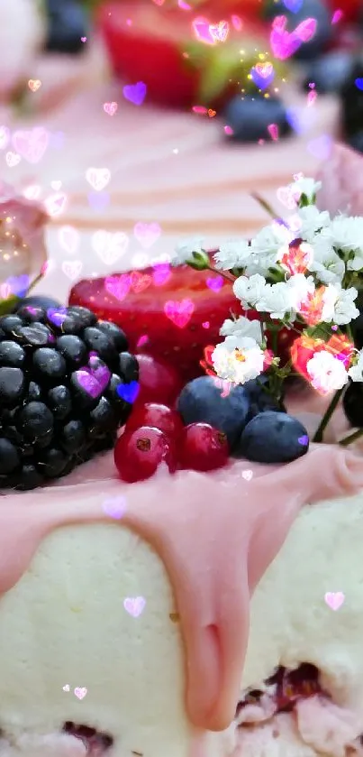 Beautiful berry cake with pink frosting and floral decorations.