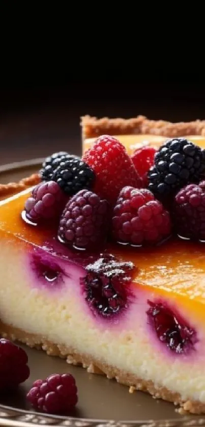 A slice of cheesecake with fresh berries on top, perfect for dessert lovers.