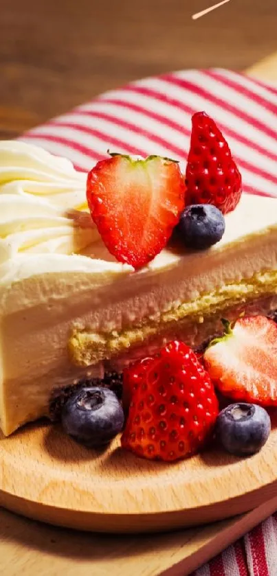 Fruit-topped creamy cake on wooden platter.