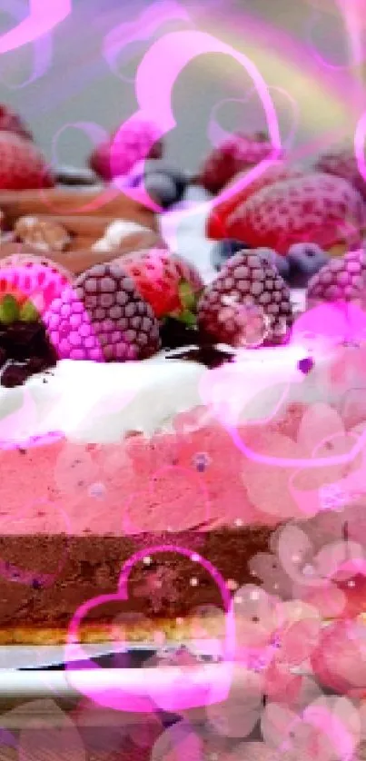 Berry and chocolate layered cake with colorful toppings.