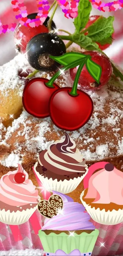 Delicious cupcake wallpaper with berries and a plaid background.