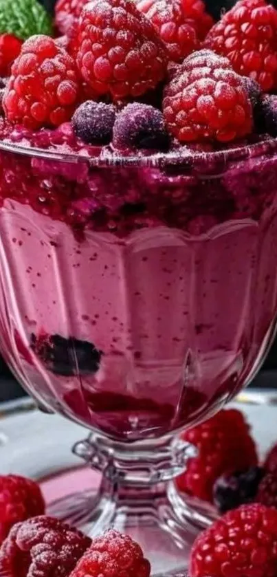 Berry dessert in glass with vibrant fruits