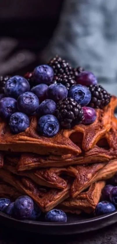 Stack of waffles topped with blueberries and blackberries.