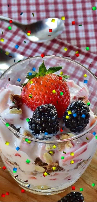 Refreshing berry yogurt parfait with strawberries and blackberries.