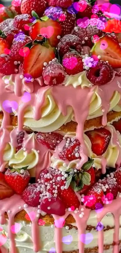 A vibrant berry cake with pink icing and fresh strawberries.