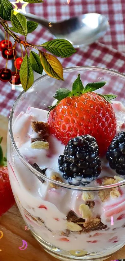 Colorful dessert with berries and yogurt parfait in glasses.