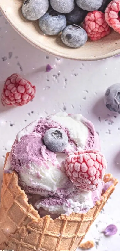 Berry ice cream cone with fruits on white background.