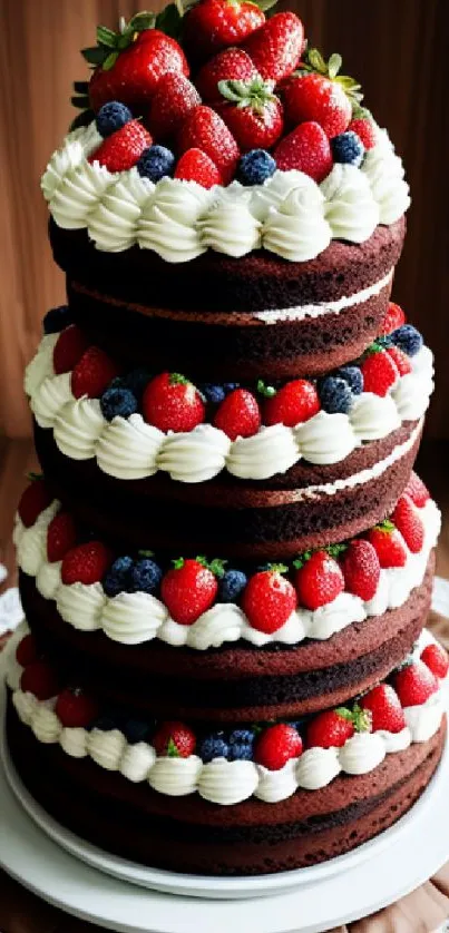 A multi-tiered cake with berries and cream against a wooden background.