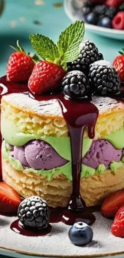 Berry-layered cake with colorful toppings, perfect for dessert lovers.
