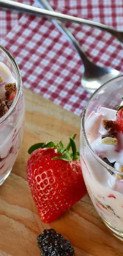 Delicious berry parfait with strawberries and blackberries in glass cups.