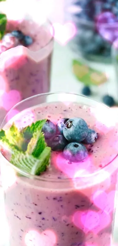 Berry smoothie with mint and blueberries, pink heart overlay.