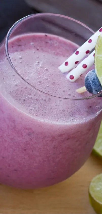 Refreshing berry smoothie with lime and mint on a wooden board.