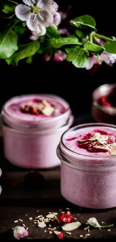 Berry smoothies in jars with flowers.