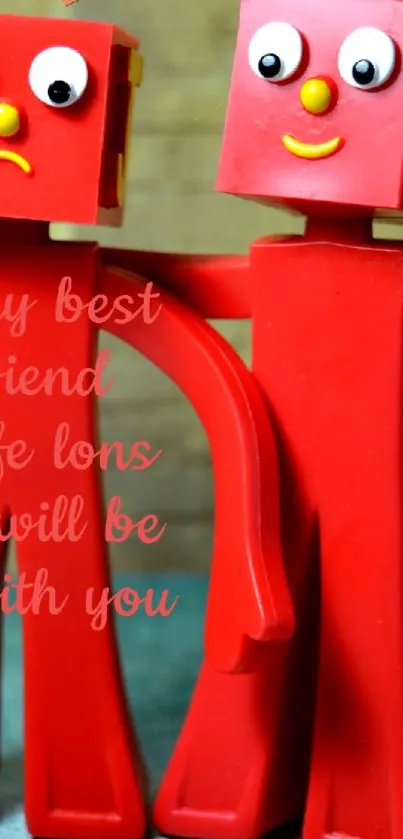 Red figurine friends with friendship message background.