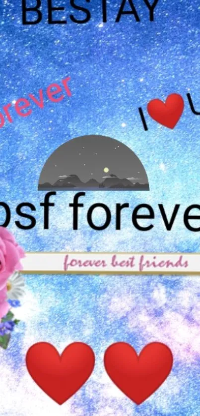 Best friends forever wallpaper with a cosmic blue background, quotes, and hearts.