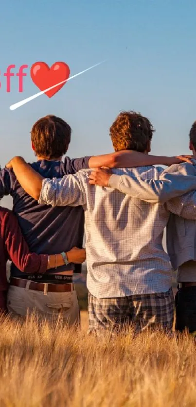 Four friends embracing in a golden field at sunset, with 'Bff' and a red heart above.