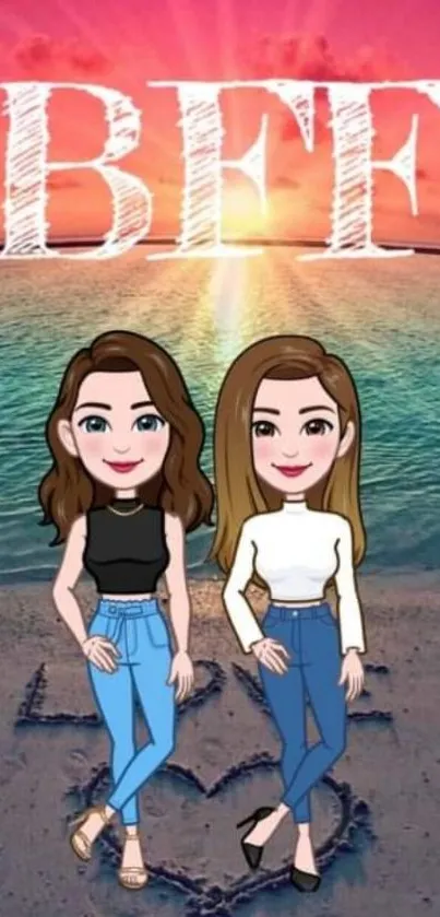 Cartoon best friends standing by a sunset ocean view with 'BFF' text.