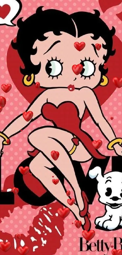 Betty Boop sitting with a cute dog on a pink love-themed wallpaper.