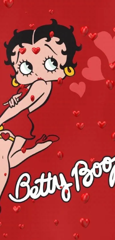 Red Betty Boop wallpaper for mobile with hearts.