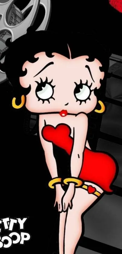 Betty Boop in red dress with film reel background.