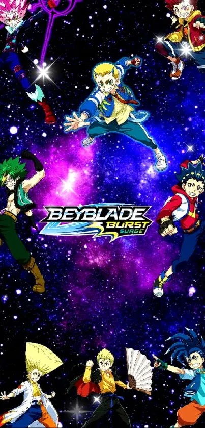 Colorful Beyblade Burst Surge characters on a purple galaxy background.