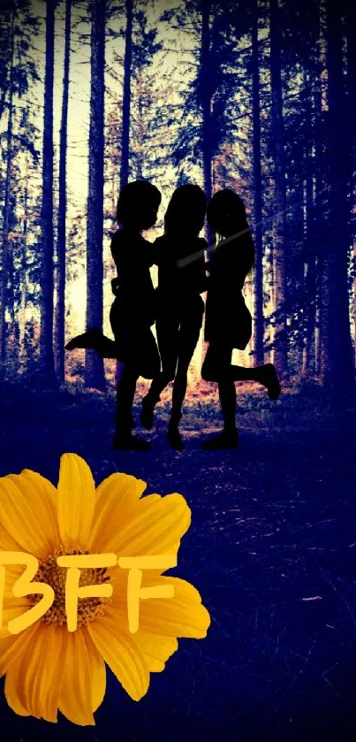 Silhouette of friends in a forest with yellow flower and BFF text.