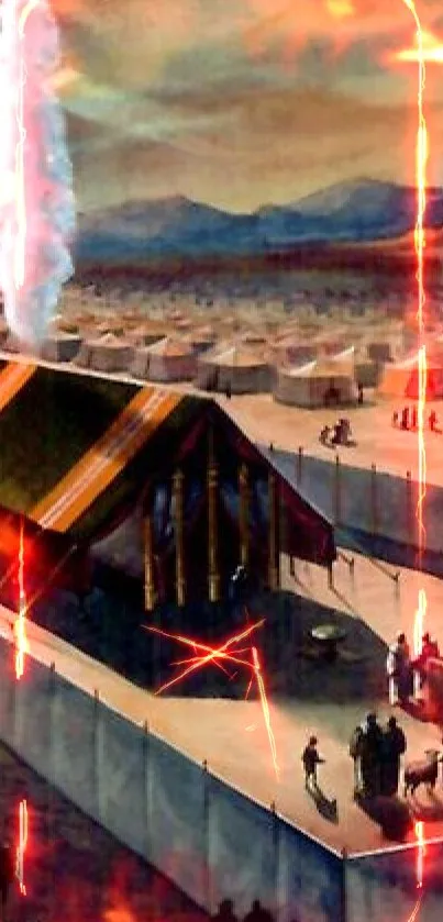 Ancient biblical camp with tents at sunset in a vibrant historical setting.