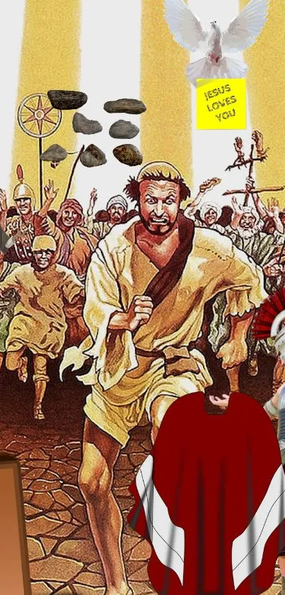 Illustrated biblical escape with Roman soldiers and a spiritual message.