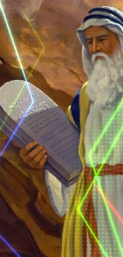 Prophet holding tablets with divine light and rocky background.