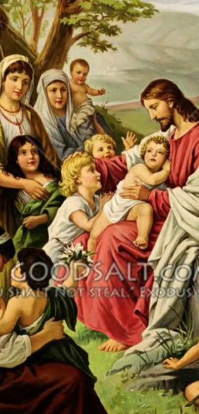 Jesus with children in a serene biblical scene wallpaper.